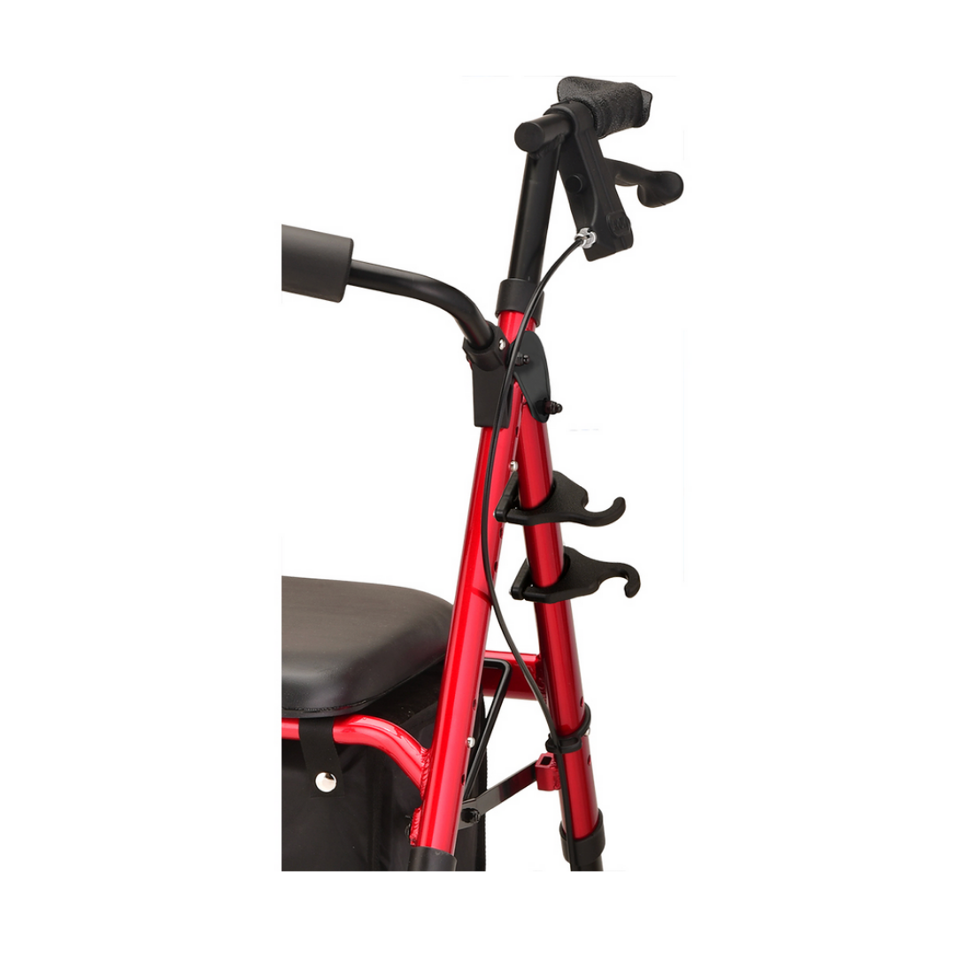 Close-up of the Nova Medical Cane Holder for Star Series Rollators attached to a red NOVA STAR walker with black padding—mobility accessory designed to aid walking and support for those with limited mobility.